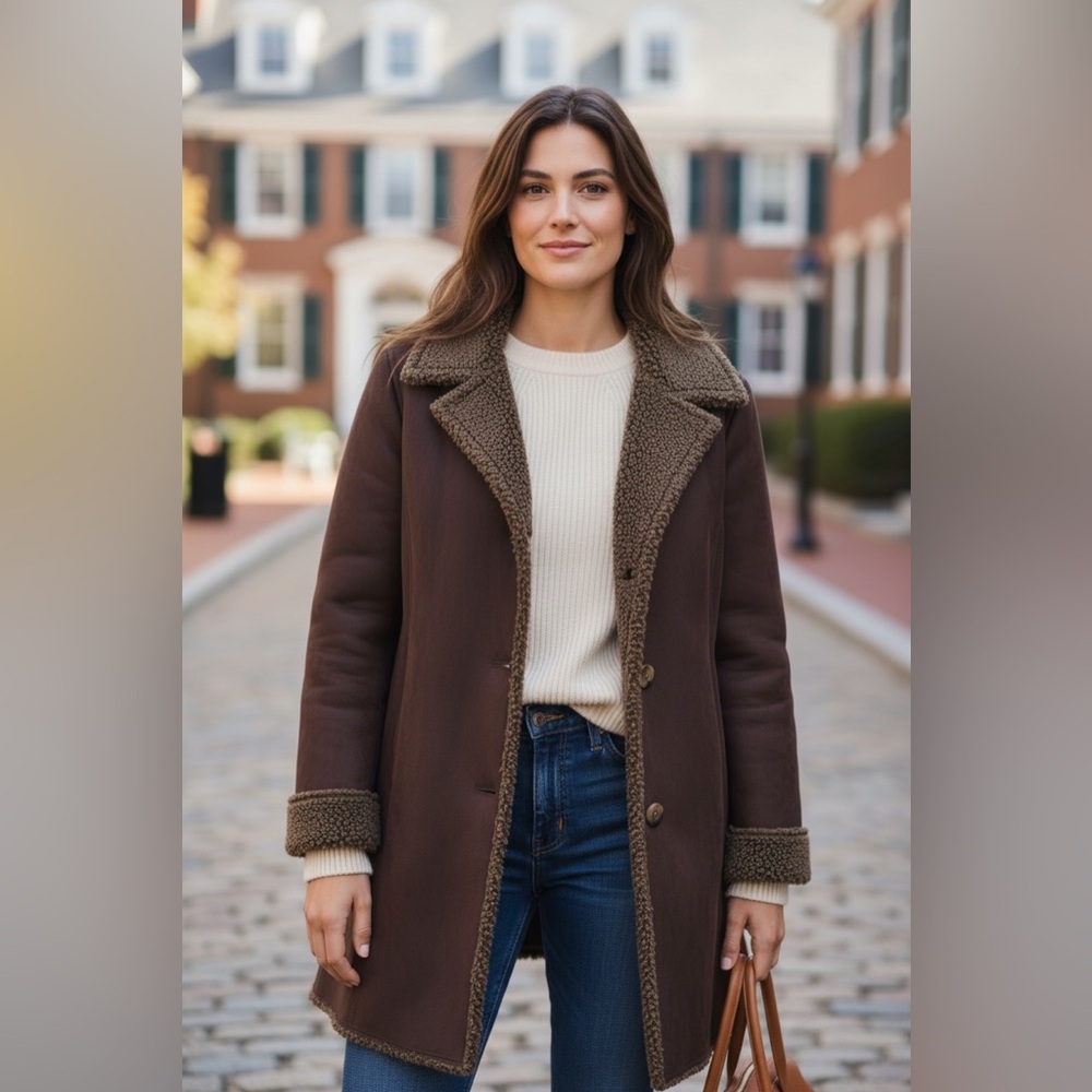 LL BEAN Vintage Women's Brown Sherpa Shearling Style Coat jacket in XS Chocolate